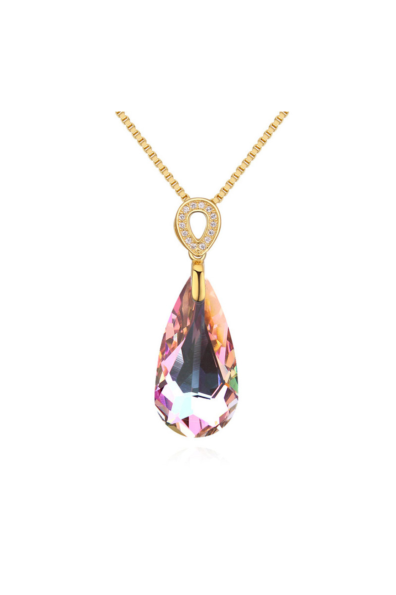 Collier doré femme avec pendentif en pierre cristal multicolore - Ref 24495 - 01