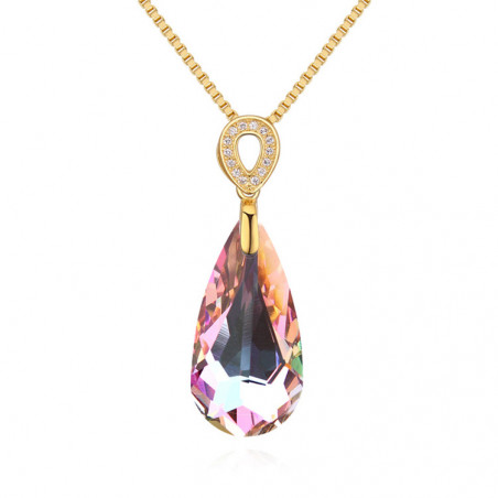 Collier doré femme avec pendentif en pierre cristal multicolore