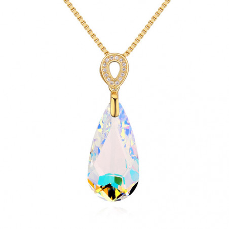 Collier pendentif pierre blanche multicolore en argent doré