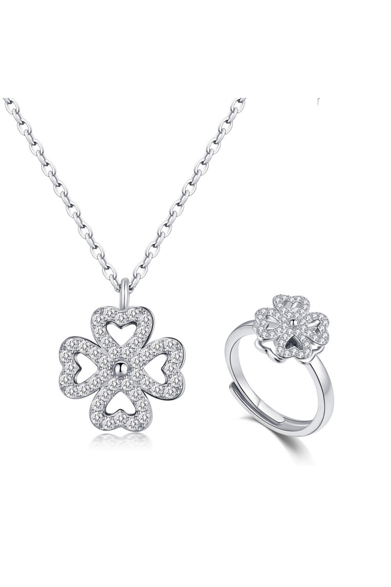 Ensemble collier et bague ajustable en argent 925 fleur - Ref 28958 - 01