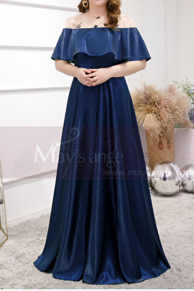 Plus Size Long Formal Dresses Navy Blue With Ruffle Neckline - L2230 #1