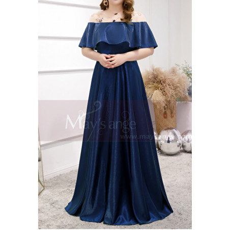 Plus Size Long Formal Dresses Navy Blue With Ruffle Neckline