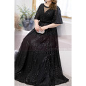 Robe de Soirée Noire Longue Pailleté Avec Manches 3/4 Evasées - Ref L2231 - 02