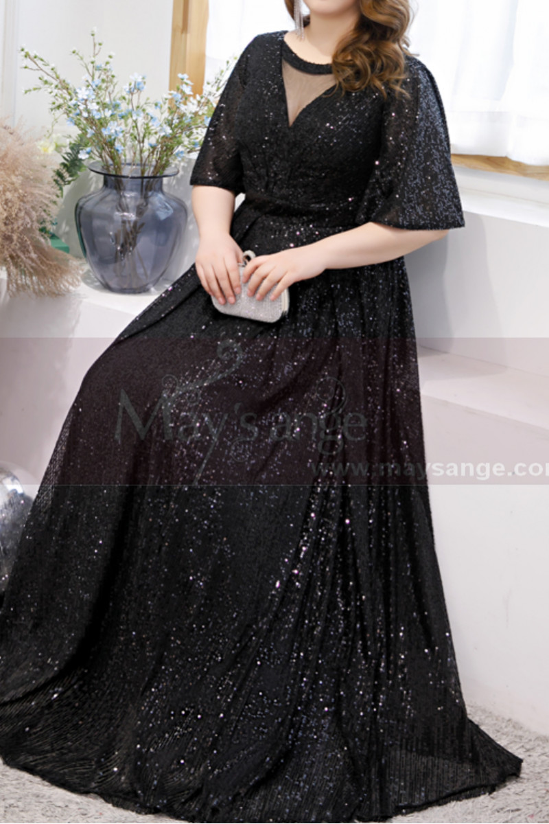 Sparkling Floor-Lenght Long Black Evening Dresses With Flared Sleeves - Ref L2231 - 01