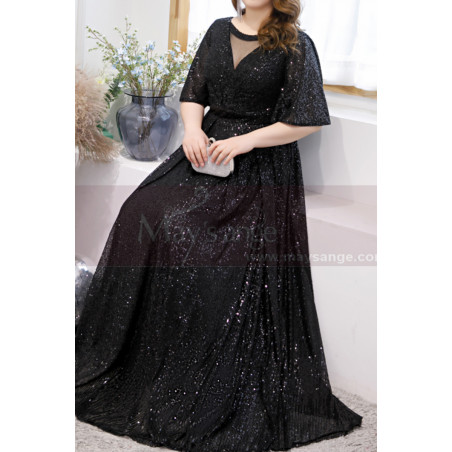 Sparkling Floor-Lenght Long Black Evening Dresses With Flared Sleeves