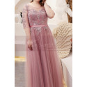 Tulle Long Illusion Plus Size Pink Evening Gowns With Sleeves - Ref L2234 - 02