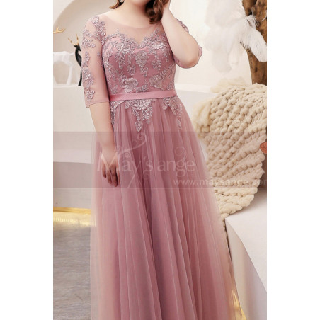 Robe De Soirée Rose Encolure Illusion Et Manches Transparentes
