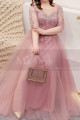 Tulle Long Illusion Plus Size Pink Evening Gowns With Sleeves - Ref L2234 - 03