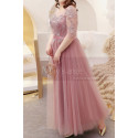 Robe De Soirée Rose Encolure Illusion Et Manches Transparentes - Ref L2234 - 04