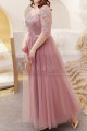 Tulle Long Illusion Plus Size Pink Evening Gowns With Sleeves - Ref L2234 - 04