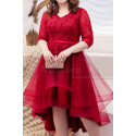 Robe De Soirée Rouge Asymétrique Joli Haut Brodé A Manches - Ref L2236 - 03