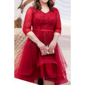 Robe De Soirée Rouge Asymétrique Joli Haut Brodé A Manches - Ref L2236 - 04