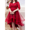 Robe De Soirée Rouge Asymétrique Joli Haut Brodé A Manches - Ref L2236 - 05