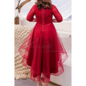 Robe De Soirée Rouge Asymétrique Joli Haut Brodé A Manches - Ref L2236 - 06