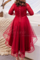 Robe De Soirée Rouge Asymétrique Joli Haut Brodé A Manches - Ref L2236 - 06