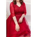 Robe De Soirée Rouge Asymétrique Joli Haut Brodé A Manches - Ref L2236 - 07