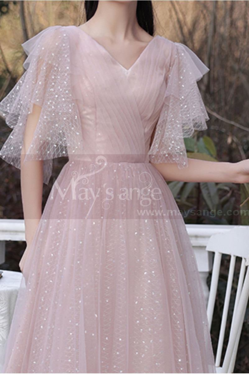 Robe Soirée Courte Vintage Rose Poudré Manches Et Décolleté V - Ref C2050 - 01