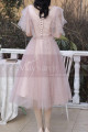 Robe Soirée Courte Vintage Rose Poudré Manches Et Décolleté V - Ref C2050 - 04