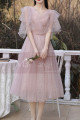 Robe Soirée Courte Vintage Rose Poudré Manches Et Décolleté V - Ref C2050 - 05