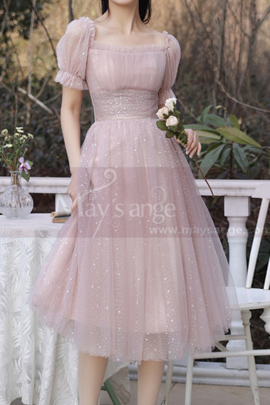 Tulle Flared Skirt Pink Evening Wedding Dress Short Sleeves - C2051 #1