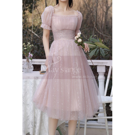 Robe De Cocktail Pour mariage chic Rose En Tulle Avec Manches