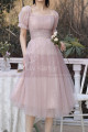 Robe De Cocktail Pour mariage chic Rose En Tulle Avec Manches - Ref C2051 - 02