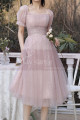 Tulle Flared Skirt Pink Evening Wedding Dress Short Sleeves - Ref C2051 - 02