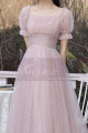 Tulle Flared Skirt Pink Evening Wedding Dress Short Sleeves - Ref C2051 - 03