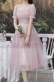 Tulle Flared Skirt Pink Evening Wedding Dress Short Sleeves - Ref C2051 - 04