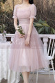 Tulle Flared Skirt Pink Evening Wedding Dress Short Sleeves - Ref C2051 - 05