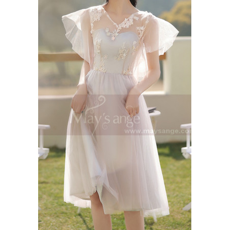 Robe De Soirée Rose Clair Avec Jupe en Tulle A Doublure Gris