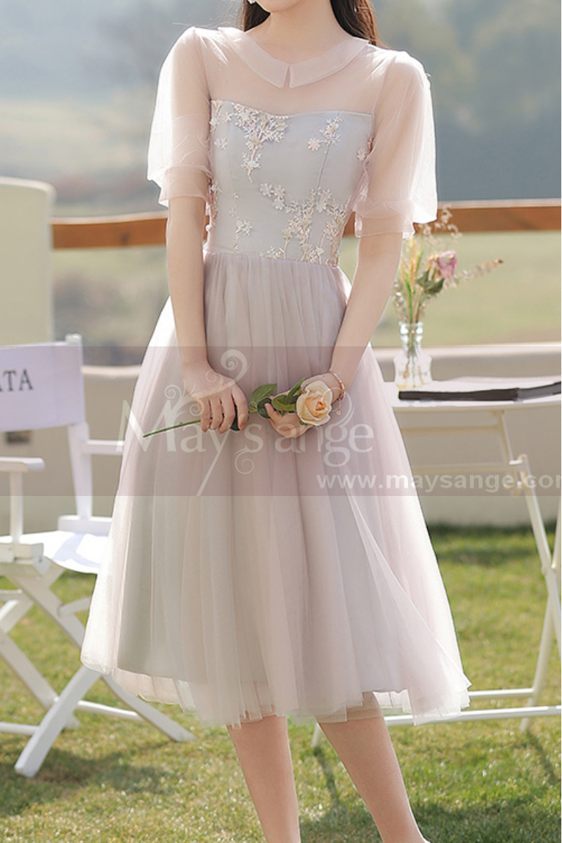 Modest Evening Gown With Embroidered Top And Peter Pan Collar