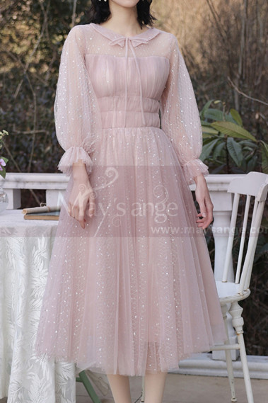 Robe De Soirée Vintage Rose Paillettes Et Manches Bouffantes - C2055 #1