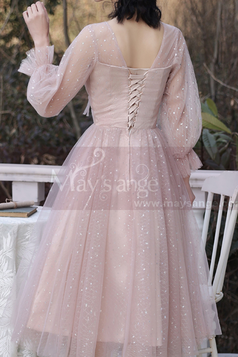 Robe De Soir?�e Vintage Rose Paillettes Et Manches Bouffantes - Ref C2055 - Robes de soir?�e