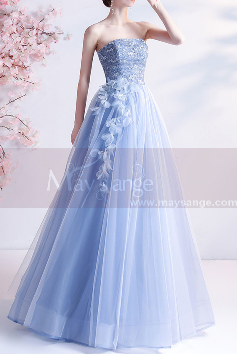 Robe de princesse bleu avec bustier brodé et laçage au dos - Ref L2357 - 01