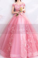 Robe de princesse rose en tulle brodé avec manches tombantes - Ref L2361 - 06