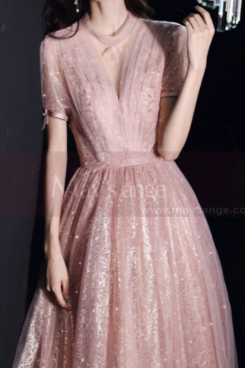 Robe de soirée rose pailleté avec dos stylé et manches noués - Ref ...