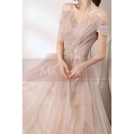 Nude tulle evening dress with bustier and lacing at the back