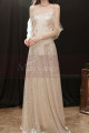 Gold sequin evening dress with bustier and pretty openwork veil sleeves - Ref L2373 - 04