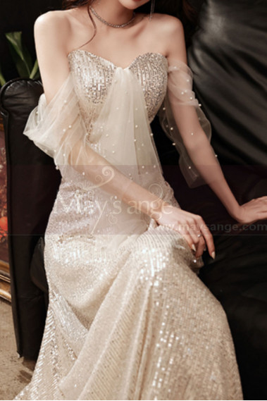 Gold sequin evening dress with bustier and pretty openwork veil sleeves - L2373 #1