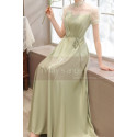Refined apple green satin long formal dress with pretty voile collar and sleeves - Ref L2375 - 02