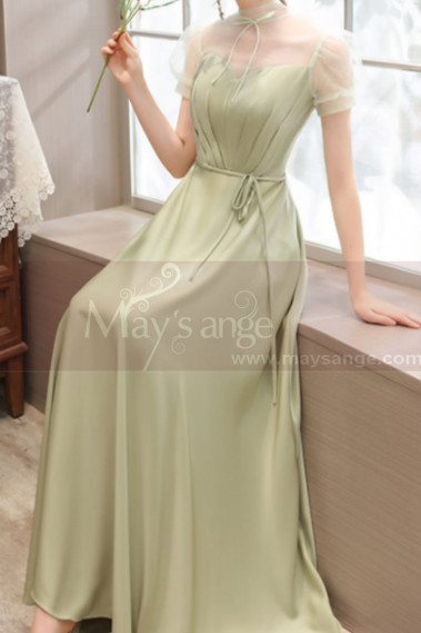 Refined apple green satin long formal dress with pretty voile collar and sleeves - L2375 #1