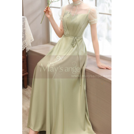 Robe longue de cérémonie vert pomme en satin avec col stylé et manches en voile