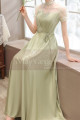Refined apple green satin long formal dress with pretty voile collar and sleeves - Ref L2375 - 02