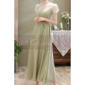 Refined apple green satin long formal dress with pretty voile collar and sleeves - Ref L2375 - 03
