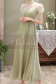 Refined apple green satin long formal dress with pretty voile collar and sleeves - Ref L2375 - 03