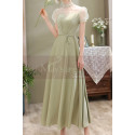 Refined apple green satin long formal dress with pretty voile collar and sleeves - Ref L2375 - 04