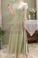 Refined apple green satin long formal dress with pretty voile collar and sleeves - Ref L2375 - 04