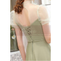 Refined apple green satin long formal dress with pretty voile collar and sleeves - Ref L2375 - 05