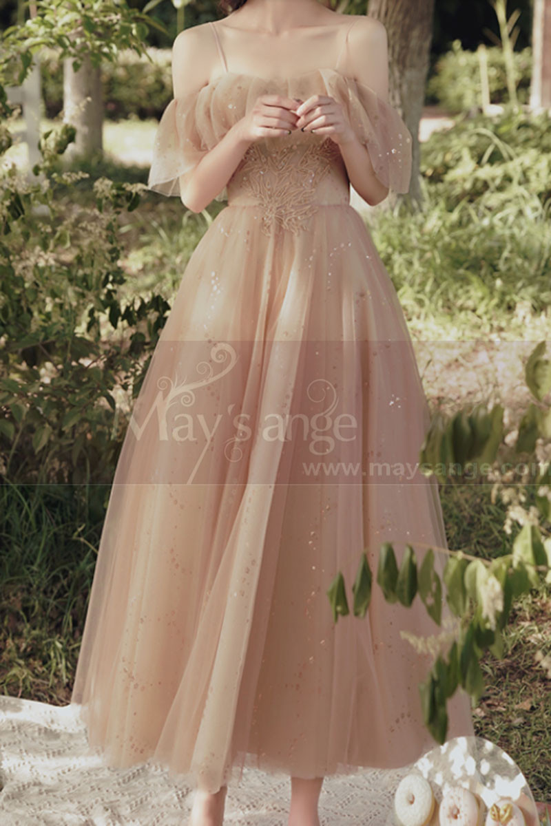 Long sequined bohemian dress in nude tulle with pretty dropped sleeves - Ref L2376 - 01